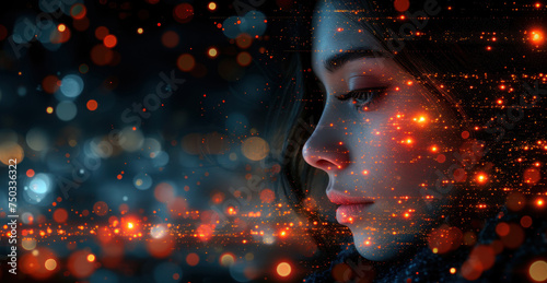  a close up of a woman's face with a blurry background of red and orange lights in the foreground and a blurry image of a woman's face.