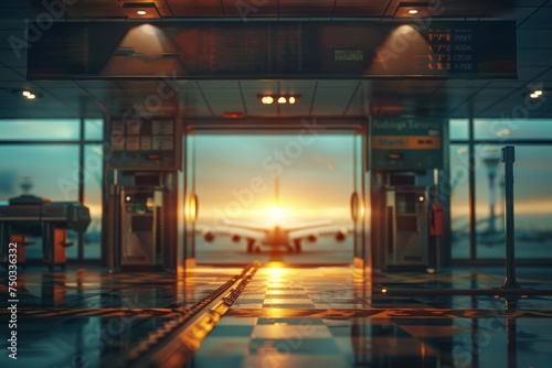 A plane is seen through a window of an airport terminal