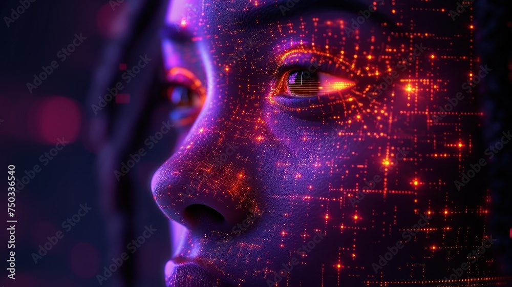 a close up of a person's face with a lot of stars all over the face and in the background, there is a grid pattern of lines and dots. a close up of a person's face with a lot of stars all over the face and in the background, there is a grid pattern of lines and dots.