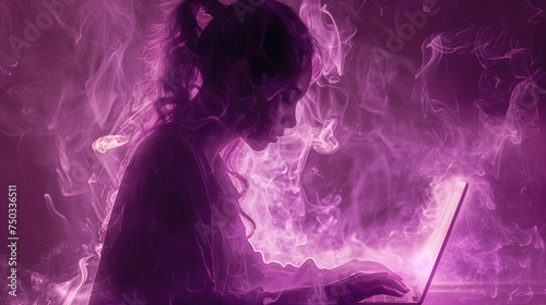 Ombre brumeuse d'une jeune femme travaillant sur son ordinateur portable et absorbée par l'écran, couleur violette, déconnexion du numérique, addiction aux écrans