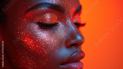  a close up of a woman's face with glitter on her face and her eyes closed and her eyes closed, with a red background of orange and orange.