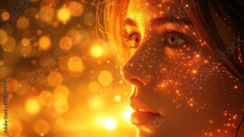  a close up of a woman's face with bright lights in the background and stars in the sky in the foreground and in the middle of the foreground.