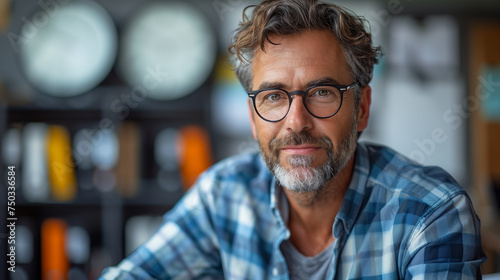 Portrait d'un homme mûr, 50 ans, avec des lunettes et une chemise à carreaux posant au bureau © Leopoldine