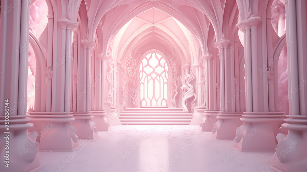 empty huge luxury pink hall with arches and columns. minimal architecture style