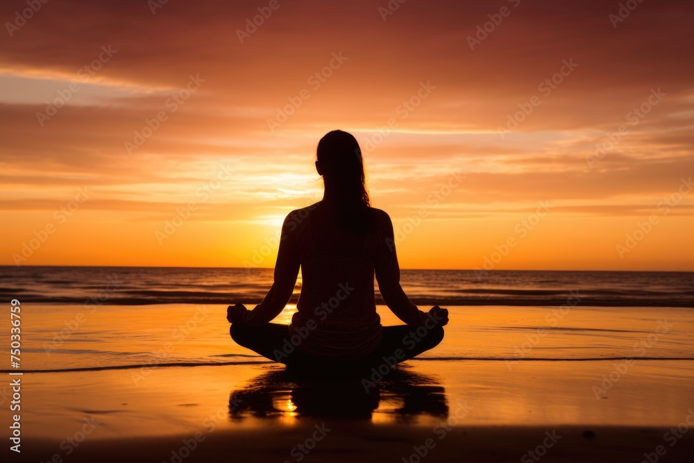 silhouette of woman meditating on the beach