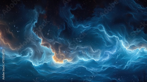  a computer generated image of a blue, orange and black swirly background with stars in the sky and in the center of the image is an orange and white cloud.