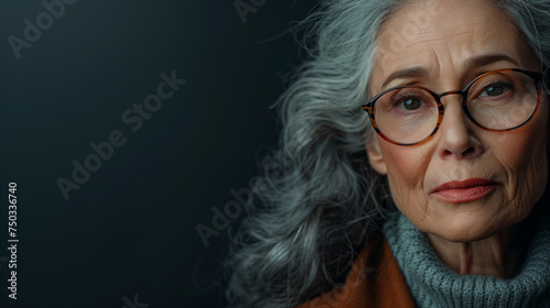 Portrait d'une femme âgée aux cheveux gris longs, 70 ans sur fond noir