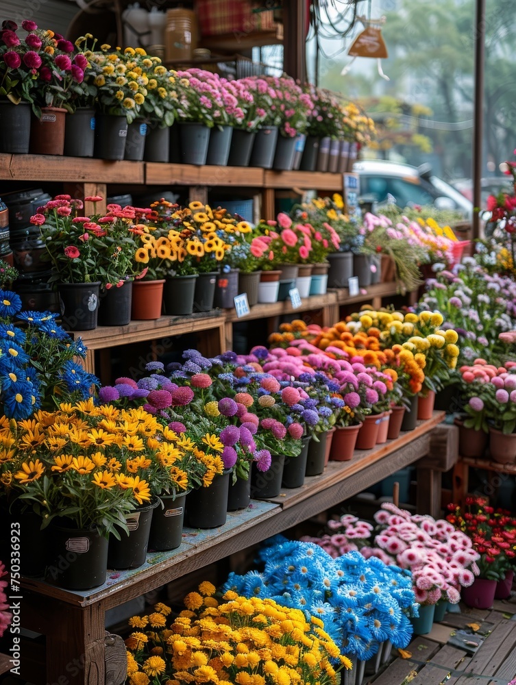 A colorful display of flowers in a shop