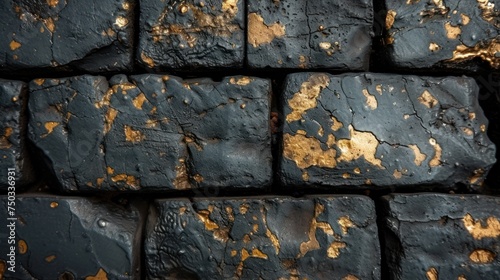 a close up of a bunch of black bricks with gold paint peeling off of the sides of each of the bricks and peeling off the sides of the sides of the sides of the bricks.