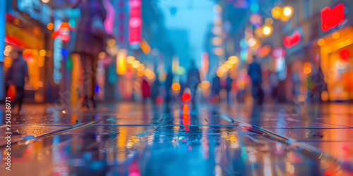A bustling city street with colorful lights and blurred storefronts, capturing the energy of urban shopping.