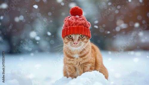 Festive Feline: Cute Ginger Cat in a Red Knitted Hat Sitting in the Snow Against a Winter Background