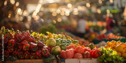 A crowded marketplace with vendors selling fresh produce, their stalls blending into a dreamy bokeh backdrop. photo