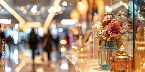 A luxury department store adorned with elegant displays, the blurred background suggesting the opulence within.