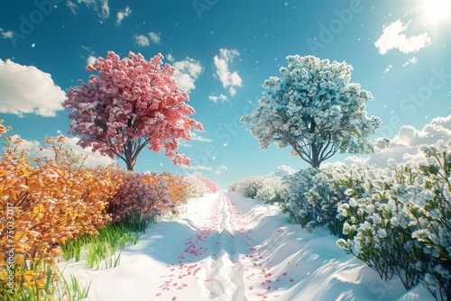 Two trees with pink and white leaves are in a field with a path in between