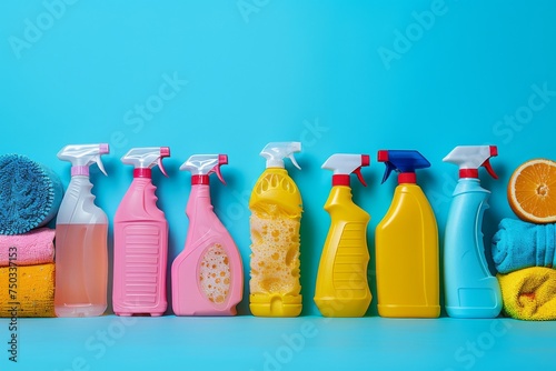 A row of cleaning supplies including a bottle of Windex photo