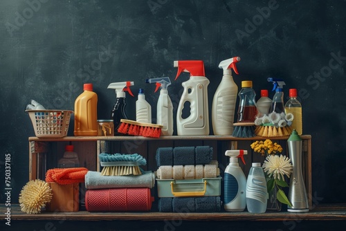 A shelf full of cleaning supplies including a bottle of Windex photo