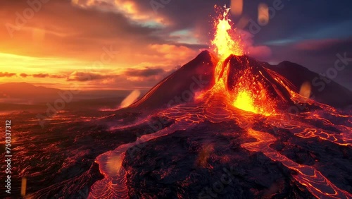 Erupting volcano releasing hot molten lava, time-lapse virtual video animation background photo