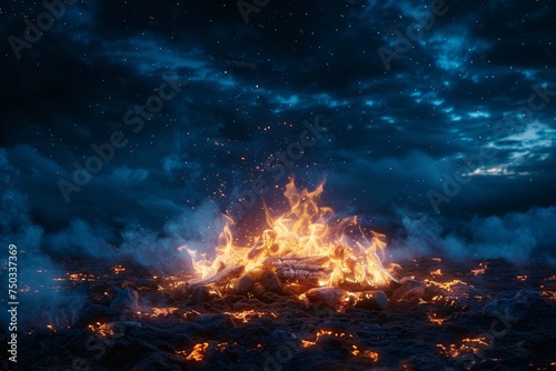 A fire is burning in the middle of a rocky field