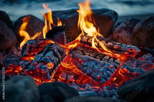 A pile of burning wood with a sunset in the background