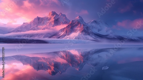  a mountain range is reflected in the still water of a lake as the sun sets over the mountains and clouds are reflected in the still water of the mountain range.