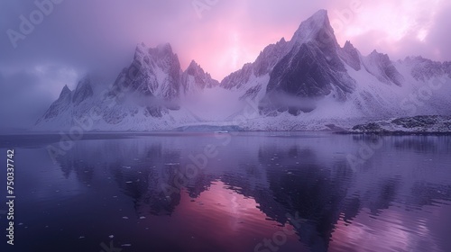  a mountain range covered in snow with a lake in the foreground and a pink sky in the background with clouds and snow on the top of the mountain are reflected in the water.