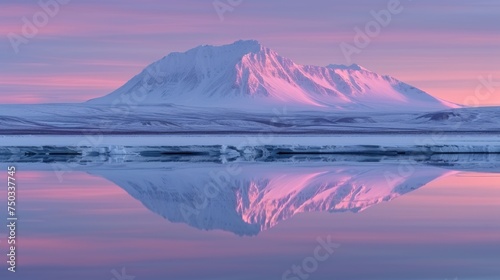  a snow covered mountain is reflected in the still water of a lake as the sun goes down in the distance in the distance is a pink sky with a few clouds. photo