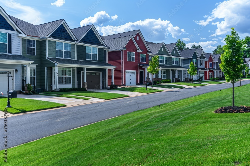 A row of houses with a green lawn in front of them A row of houses with a green lawn in front of them