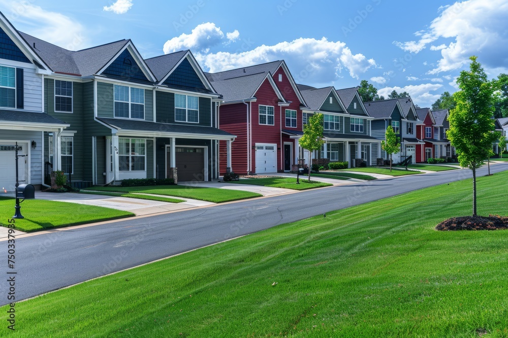 A row of houses with a green lawn in front of them