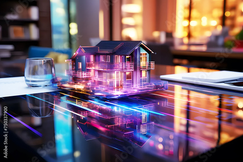 Holographic of digital home model of presenting construction development project city building architecture on brown table background blur. Mixed media. Future modern interior for business.