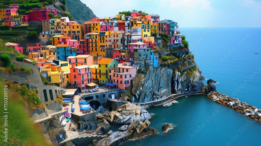  a colorful village on the edge of a cliff next to a body of water in the middle of a town on the edge of a cliff is a body of water.