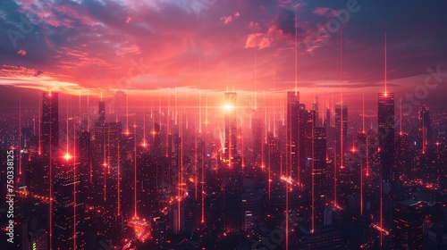 Cybernetic skyline with digital economy hubs glowing data streams linking buildings1