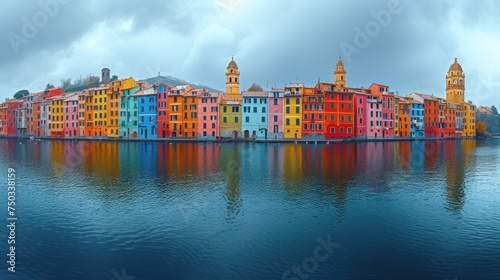  a large body of water with a row of multicolored buildings on each side of the water and a clock tower on the top of the buildings on the other side of the water.