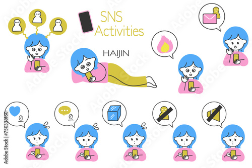 SNS運用の図解制作に便利！SNSに苦戦する女性と吹き出しアイコンのセット