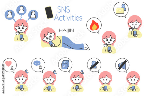 SNS運用の図解制作に便利！SNSに苦戦する女性と吹き出しアイコンのセット