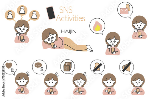 SNS運用の図解制作に便利！SNSに苦戦する女性と吹き出しアイコンのセット