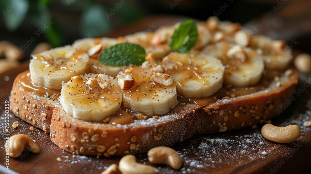 a close up of a piece of bread with bananas and nuts on top of it with a leaf on top of the bread and some nuts on the side of the bread. a close up of a piece of bread with bananas and nuts on top of it with a leaf on top of the bread and some nuts on the side of the bread.