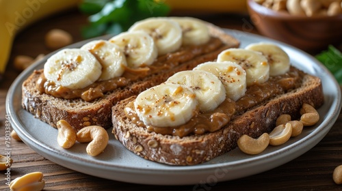  a close up of a plate of food with peanut butter and banana slices on top of peanut butter and banana slices on top of a peanut butter and jelly sandwich.