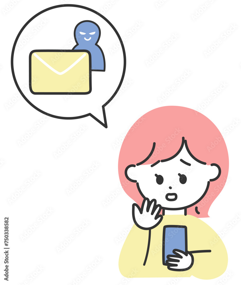スマートフォンで勧誘メールに困っている女性 スマートフォンで勧誘メールに困っている女性