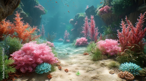  an underwater scene with corals  seaweed  and other marine life on the bottom of the ocean floor  with sunlight streaming through the water s surface.