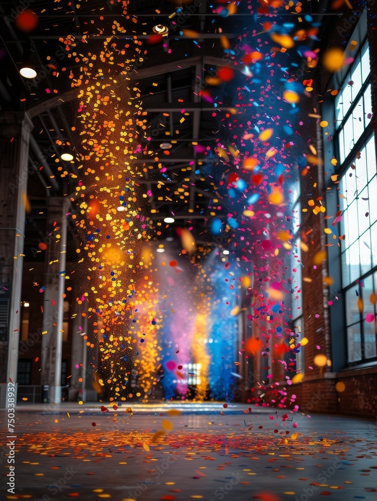 A colorful explosion of confetti is falling from the ceiling, creating a festive