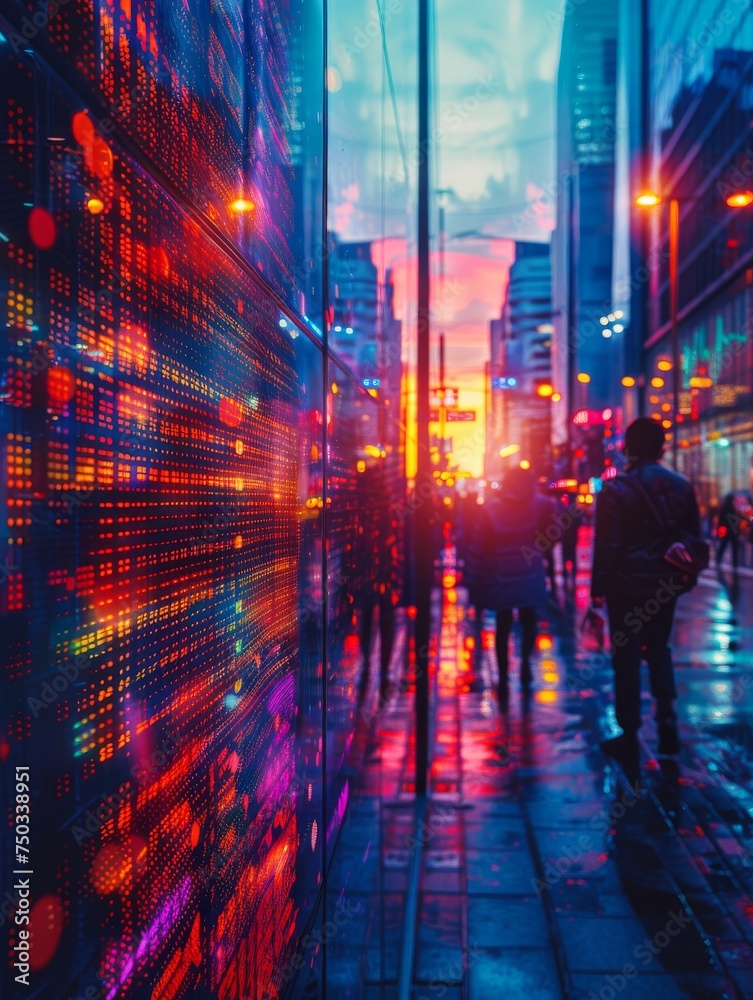 A colorful city street with people walking and a neon sign in the background