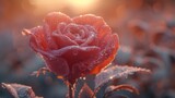  a close up of a red rose with water droplets on it's petals and a blurry background of leaves and grass with the sun shining in the background.