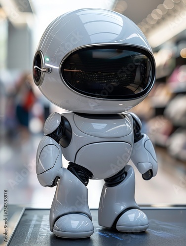 A robot is standing in a room with a person in the background photo