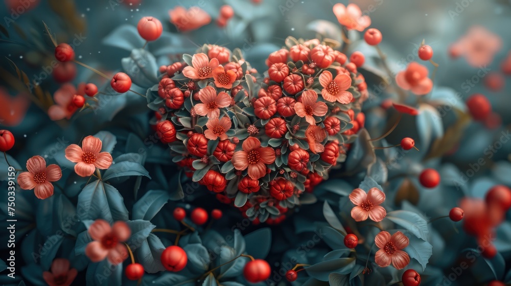 a heart - shaped arrangement of flowers and leaves in the middle of a field of blue leaves and red berries in the center of the heart shape of a symbol of a symbol of love. a heart - shaped arrangement of flowers and leaves in the middle of a field of blue leaves and red berries in the center of the heart shape of a symbol of a symbol of love.