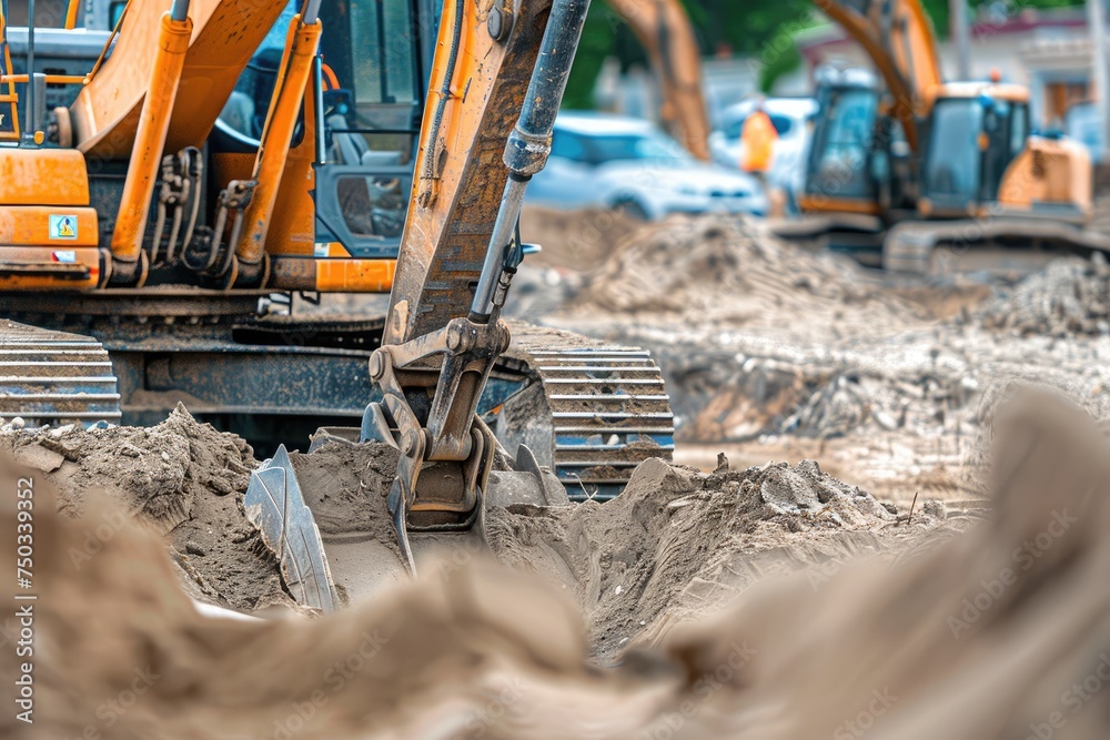Fototapeta premium An excavator in the sand at a construction site.