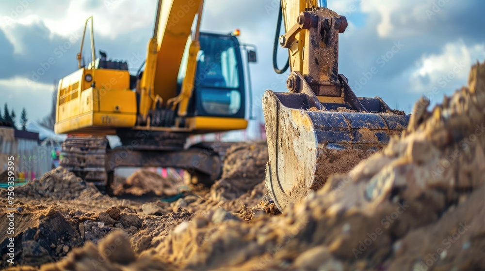 An excavator in the sand at a construction site. An excavator in the sand at a construction site.