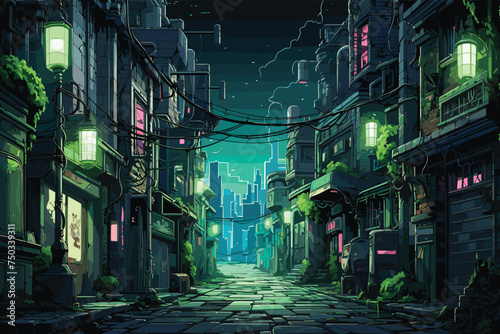 Illustration of a futuristic city at night.