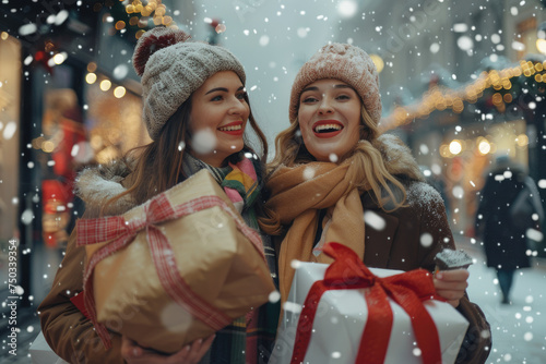 Happy two senior woman enjoy in Christmas shopping