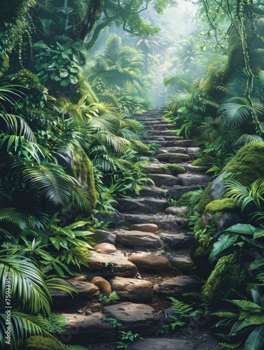 A lush green jungle with a stone path leading up to a higher area