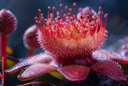 A close up of a flower with dew drops on it